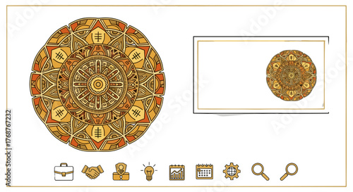 Intricate golden mandala with spiritual and business icons, symbolizing growth, ideas, and strategy, perfect for presentations, websites, and cultural themes, evoking a sense of harmony and success.