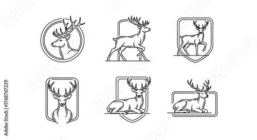 Set of six stylized deer emblems and icons in a minimalist white outline on a black background, featuring a majestic stag head in a circle, a standing deer in a shield, a profile view of a deer, and