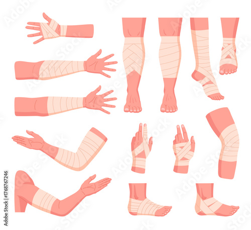 Injured human limbs. Bandaged body parts, legs and arms emergency hospital treatment for wounds and bones fractures flat vector illustration set. Physical injury medical bandages