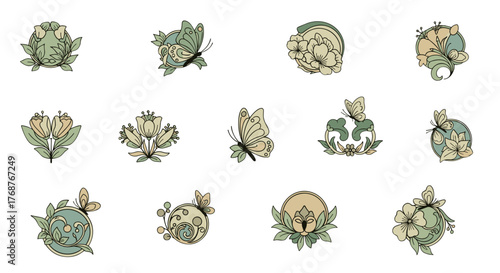 A collection of delicate and elegant floral and butterfly emblems, rendered in a soft, muted color palette of sage green, cream, and pale peach, perfect for branding, invitations, or decorative