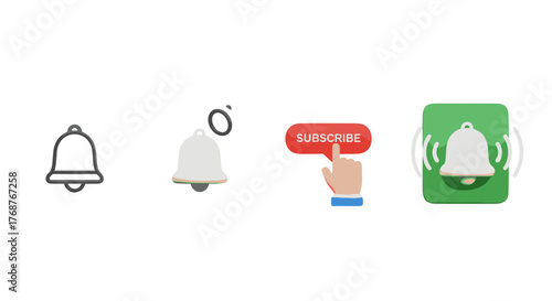 Set of four 3D rendered icons representing social media engagement: a bell outline, a ringing bell, a finger pressing a red subscribe button, and a notification bell on a green square with sound