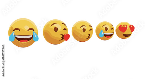 A vibrant collection of five 3D rendered emojis, each expressing a distinct emotion: extreme joy with tears, a loving kiss with a heart, a playful wink, a tearful smile, and adoration with