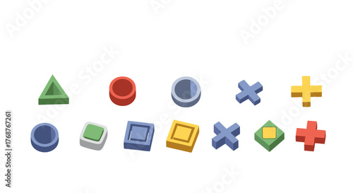A vibrant collection of iconic video game controller buttons, including the triangle, circle, cross, and square shapes, rendered in a 3D isometric perspective against a stark black background