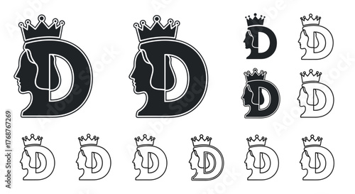 Set of stylized letter D logos featuring a profile silhouette of a queen wearing a crown, presented in various outline and filled styles, suitable for branding and design projects.