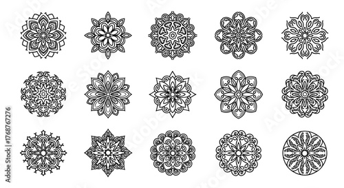 Collection of 15 intricate white mandala designs on a black background, featuring symmetrical floral patterns and detailed linework, perfect for graphic resources, spiritual, and decorative purposes.