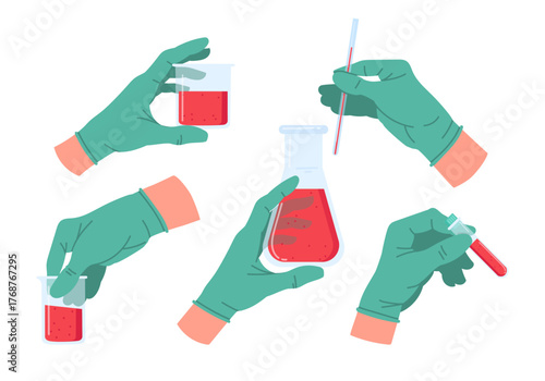 Medical doctors hands with blood test tubes. Lab worker hands holding blood samples flat vector illustration set. Cartoon blood test tubes in lab assistant hands