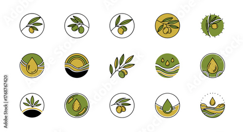 Collection of fifteen circular icons representing olive oil production, featuring olive branches with olives, drops of oil, and stylized landscapes with sun and waves, perfect for branding and design