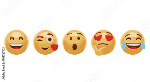 A vibrant collection of five 3D rendered emojis, each expressing a distinct emotion: joy, winking with a heart, surprise, love-struck with hearts for eyes, and laughing with tears of joy, set against