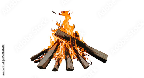 A vibrant and dynamic campfire burns brightly against a stark black background, with glowing embers and dancing orange flames illuminating the stacked logs, creating a sense of warmth and primal