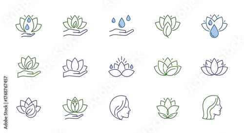 Collection of stylized lotus flower icons and symbols, representing beauty, wellness, and nature, with elements like water drops and human hands, perfect for spa, yoga, and meditation branding, set