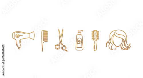 Golden line art icons representing essential hairdressing tools and a female silhouette, including a hairdryer, comb, scissors, shampoo bottle, brush, and hairstyle, symbolizing beauty salon services