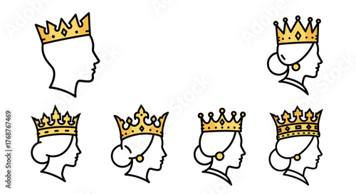 Collection of golden crowns and royal silhouettes, representing kings and queens, with intricate designs and regal profiles, perfect for themes of monarchy, power, and nobility, set against a stark