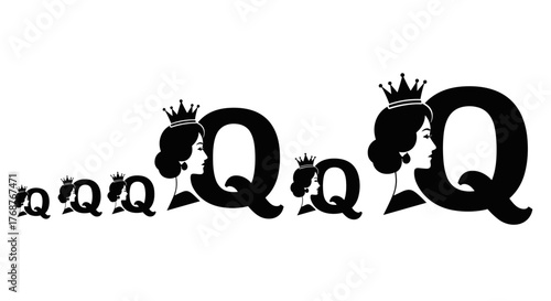 A striking visual composition featuring a series of stylized letter 'Q's, each adorned with a regal crown, arranged in ascending size from left to right, creating a sense of progression and