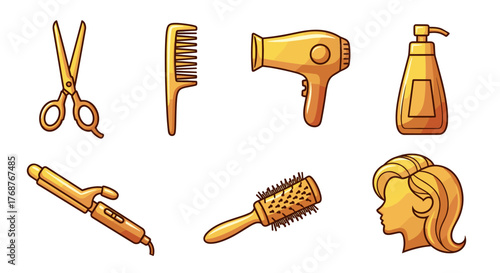 Golden collection of hairdressing tools and a woman's silhouette, including scissors, comb, hairdryer, curling iron, hairbrush, and shampoo bottle, isolated on a black background, representing beauty