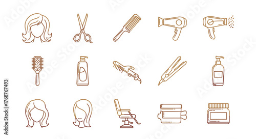 Collection of golden outline icons representing hair salon and barber shop services and tools, including hairstyles, scissors, combs, hair dryers, brushes, curling irons, flat irons, shampoo bottles
