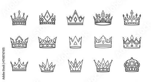 Collection of fifteen hand-drawn crown illustrations in white outline on a black background, showcasing a variety of regal headwear designs, perfect for royalty, luxury, and historical themes.