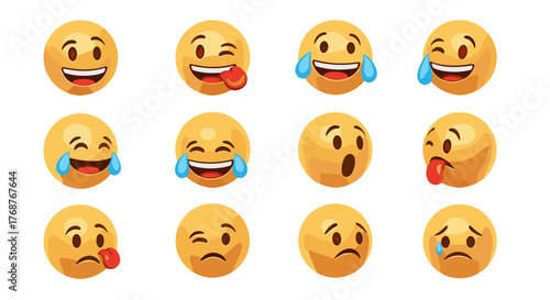 Collection of twelve expressive 3D emoji icons with various emotions like laughter, tears, sadness, and silliness, set against a black background, perfect for digital communication and social media.