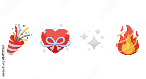 A vibrant collection of 3D rendered icons, featuring a festive party popper exploding with colorful confetti, a charming red heart adorned with a light blue ribbon and sparkling stars, a cluster of