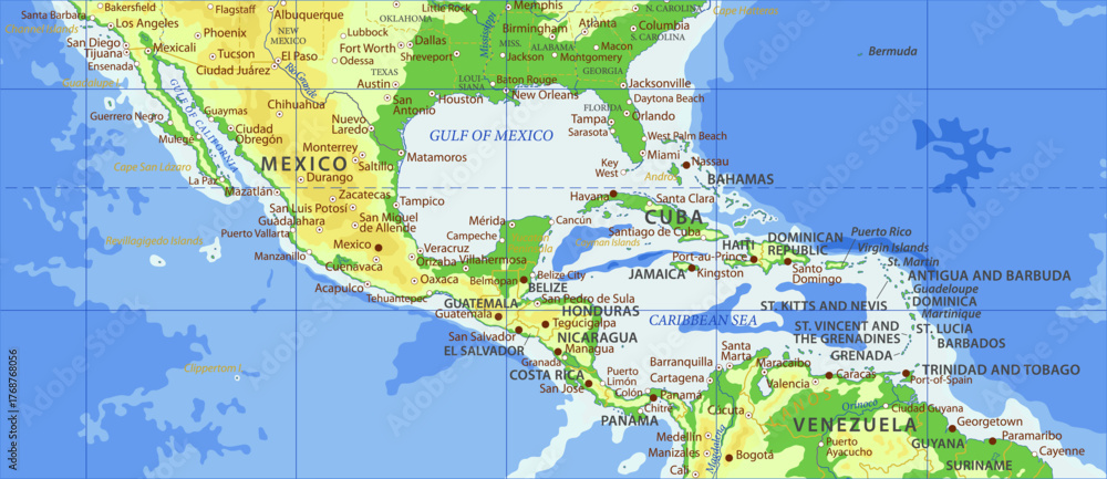 Obraz premium Vector geographical world map. Fragment of american continent with peninsula california, florida, mexico, cuba, bermuda, guatemala, honduras, nicaragua, panama, bahamas, dominican republic, venezuela.