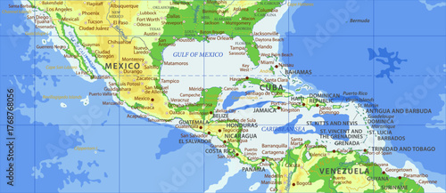 Vector geographical world map. Fragment of american continent with peninsula california, florida, mexico, cuba, bermuda, guatemala, honduras, nicaragua, panama, bahamas, dominican republic, venezuela.