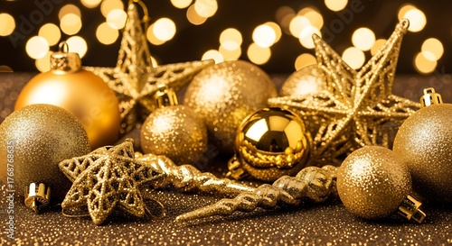 Golden christmas ornaments and twinkling lights festive holiday display