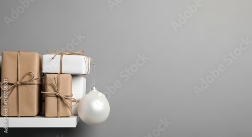 Rustic gifts and a glowing candle on a shelf
