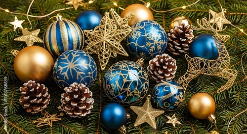 Festive christmas ornaments and pinecones on a fir tree background