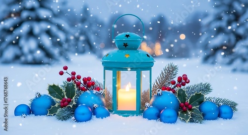 Glowing lantern with winter decorations in a snowy forest