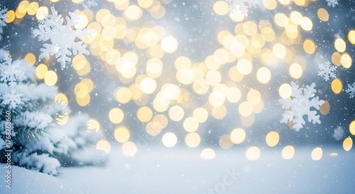 Magical winter scene with snowflakes and bokeh lights