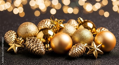 Golden christmas ornaments and pine cones with bokeh lights