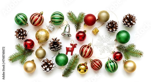 Festive christmas ornaments and pinecones scattered on white background