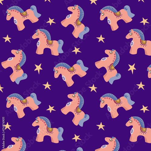 Pattern with a cute stylized horse - a clay toy for wrapping paper and textiles