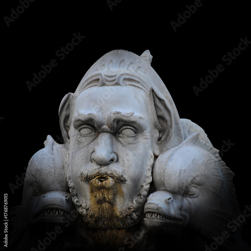 Mythological Triton with Dolphins – Ancient Marble Fountain Sculpture on Black Background