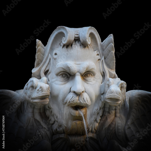 Mythological Triton Fountain Sculpture – Ancient Marble Face with Water Flow and Dramatic Lighting
