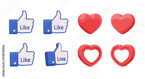 Set of 3D social media icons featuring 'Like' thumbs-up symbols in blue and white, and red heart icons, including solid hearts and hollow outlines, presented on a black background for digital design