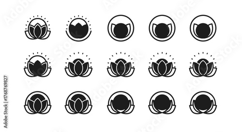 Set of 15 minimalist lotus flower icons and symbols in a dark, elegant style, perfect for branding, logos, and design projects related to wellness, spirituality, and nature. These versatile graphics
