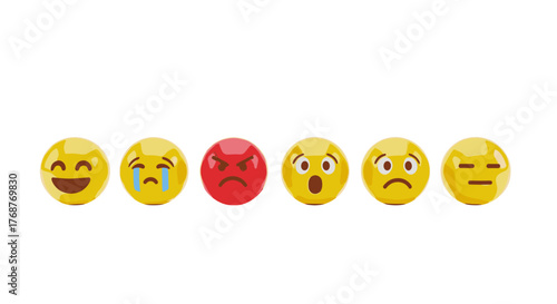 A diverse collection of six expressive 3D rendered emoji faces arranged in a horizontal line against a stark black background, showcasing a spectrum of emotions from joy and sadness to anger and