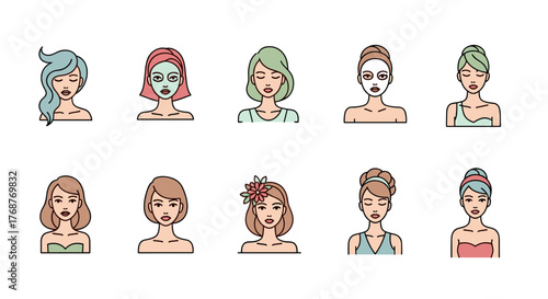 Collection of diverse female avatars with various hairstyles and facial treatments, including face masks and headbands, presented in a clean, modern, flat icon style against a black background