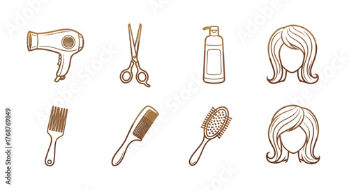Golden icons of hairdressing tools and hairstyles, including a hairdryer, scissors, spray bottle, comb, brush, and female hairstyles, presented on a black background, symbolizing beauty and salon