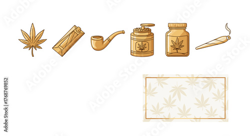 Collection of golden cannabis-themed icons including a marijuana leaf, a joint, a pipe, a grinder, and a jar, set against a black background with a decorative frame featuring cannabis leaves.