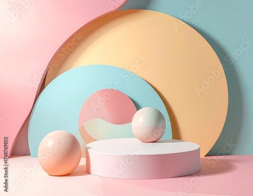 Minimalistic abstract artwork with pastel colors, smooth shapes, clean composition