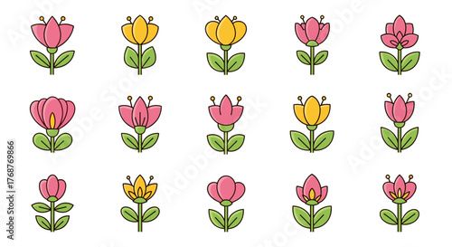 Collection of stylized, flat design flowers in pink and yellow hues, set against a stark black background, featuring simple stems and leaves, evoking a sense of minimalist botanical art and graphic