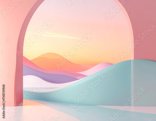 Minimalistic abstract artwork with pastel colors, smooth shapes, clean composition