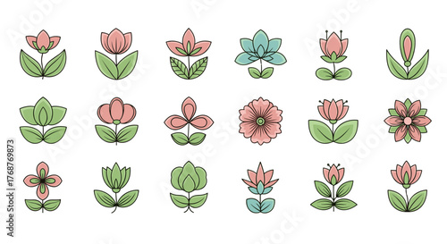 A collection of stylized, flat design floral icons in pastel pink and green hues, featuring various flower shapes and leaf arrangements, perfect for botanical illustrations, spring themes, and