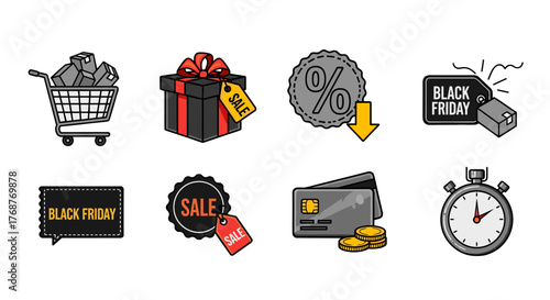 Collection of Black Friday sale icons, including a shopping cart full of boxes, a gift box with a sale tag, a percentage discount symbol with a down arrow, a Black Friday tag with a box, a sale tag