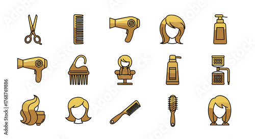 Golden icons set for hairdressing and beauty salon services, including scissors, combs, hair dryers, brushes, hairspray bottles, and stylized female hairstyles, presented on a black background for a