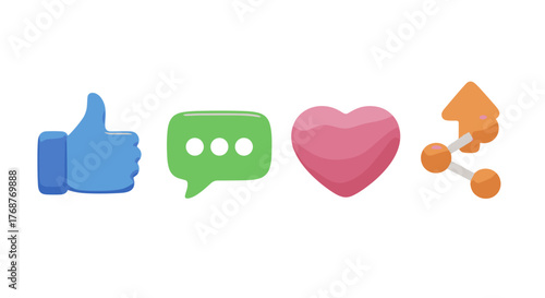 A vibrant 3D illustration showcases a collection of popular social media icons: a blue thumbs-up, a green chat bubble with three dots, a pink heart, and an orange share icon, all isolated on a black