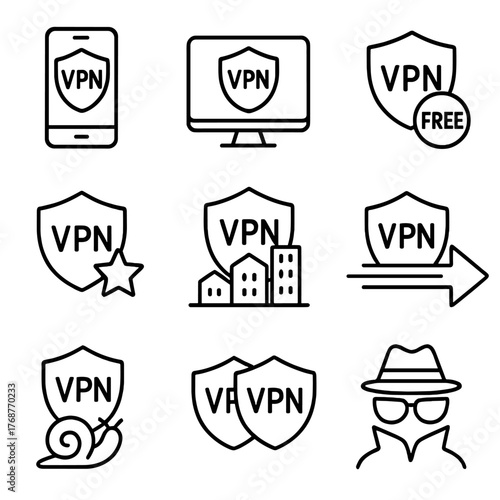 Vpn security icons set: mobile, desktop, shield, and anonymity symbols