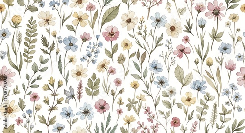 Delicate watercolor wildflower meadow pattern with soft pastel hues