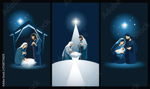Minimal Vertical Nativity Illustrations – Modern Holy Family Christmas Art. Set of three minimal vertical nativity illustrations. Modern style made for mobile use, greeting cards etc.